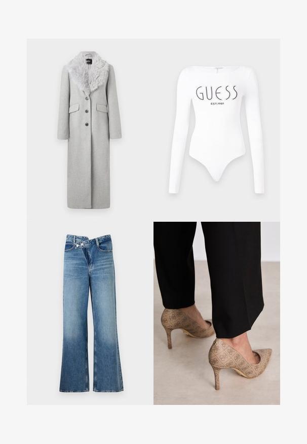 Cappotto lungo in lana grigia con colletto in pelliccia sintetica, quattro bottoni e due tasche laterali. Il tessuto ha una consistenza liscia.; Body bianco a maniche lunghe con scollatura rotonda. Presenta il logo "GUESS" e "EST.1981" stampati in nero sul davanti. Texture liscia.; Jeans a zampa d'elefante in denim blu chiaro con vita alta, dotati di due bottoni e tasche frontali. Il tessuto ha una texture sbiadita con variazioni sottili.; Scarpe con tacco alto beige in tessuto testurizzato con un motivo ripetuto. Design con punta appuntita e dettaglio dorato sul tacco.