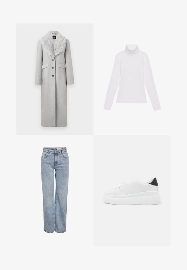 Casaco longo de lã cinza com colarinho de pelúcia sintética, quatro botões e dois bolsos laterais. O tecido tem uma textura suave.; Camisola de gola alta de mangas longas, feita de um tecido liso e elástico. Apresenta um colarinho alto e um design ajustado, sem padrões ou adornos visíveis.; Jeans de perna larga em azul-claro, feitos de denim, com cintura alta, design de cinco bolsos e um desvanecimento sutil para um aspeto usado.; Tênis plataforma brancos feitos de material sintético suave, apresentando ponta arredondada, design com cadarços e sola de borracha texturizada. Acento preto no calcanhar.