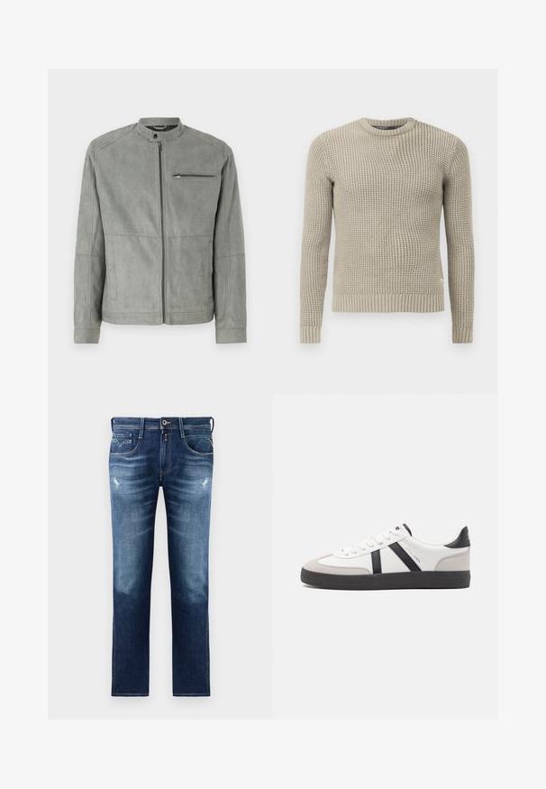 Gray suede jacket with a stand collar, front zipper, and a zippered chest pocket. Features smooth texture and tailored fit.; Beige knitted sweater with long sleeves, ribbed cuff and hem, round neck, textured pattern, made from soft material.; Blue denim jeans with a regular fit, featuring a faded wash, slight distressing, five pockets, and contrast stitching. Button closure at waist.; White sneaker with black and gray accents, featuring a textured gray toe cap, black rubber sole, and flat white laces. Clean design, minimalist style.