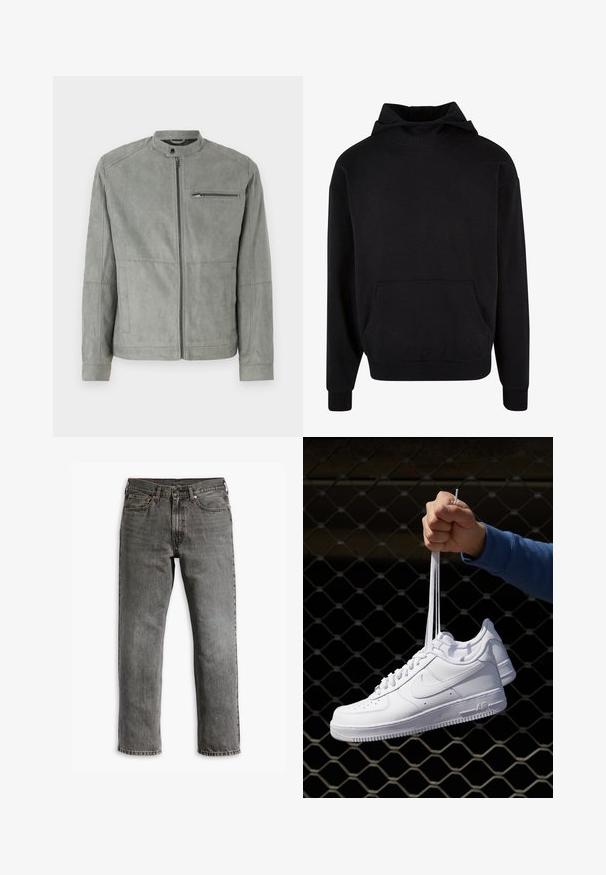 Pelēka zamšāda jaka ar stāvošu apkakli, priekšējo rāvējslēdzēju un rāvējslēdzēja krūšu kabatu. Ievērojama ar gludu tekstūru un pielāgotu piegriezumu.; Melna kapucēta sudraba jaka, izgatavota no mīksta auduma, ar kengura kabatu, ribinātām piedurknēm un brīvu piegriezumu. Gluda tekstūra, minimālisma dizains.; Pelēki džinsi ar taisnu kāju griezumu, piecu kabatu dizainu un misiņa aparatūru aizvēršanai un akcentiem. Redzama nolietota tekstūra.; Baltas ādas sporta apavi ar perforācijām, apaļu purngali, plakanu zoli un biezām šņorēm, ar redzamu swoosh logo un vārdu "AIR" uz papēža.