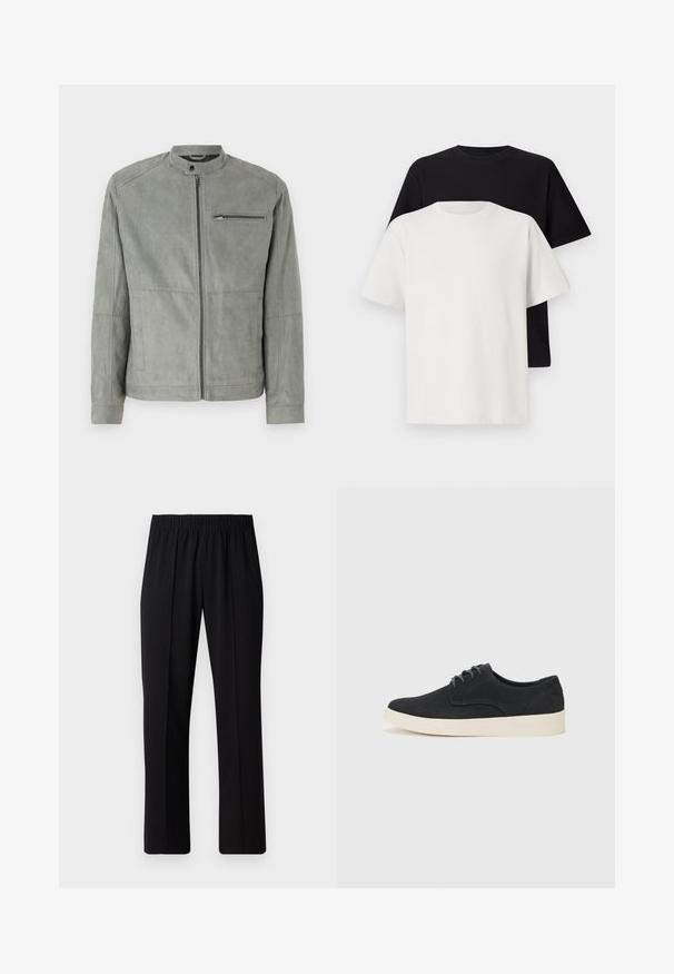 Gray suede jacket with a stand collar, front zipper, and a zippered chest pocket. Features smooth texture and tailored fit.; Cotton t-shirt set featuring a black top and a white top, both with short sleeves, round neckline, and standard fit. Textured fabric.; Black, elastic-waist trousers with a straight-leg design, featuring a smooth texture and no visible patterns or hardware.; Black suede lace-up shoe with a rounded toe, lightweight cream sole, and subtle blue stitching accents on the upper.