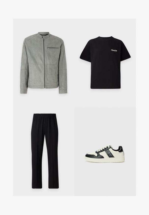 Grau Wildlederjacke mit Stehkragen, Frontreißverschluss und einer mit Reißverschluss versehenen Brusttasche. Bietet eine glatte Textur und eine taillierte Passform.; Schwarzes Baumwoll-T-Shirt mit Rundhalsausschnitt, kurzen Ärmeln und kleinem weißen Logotext auf der linken Brust. Schlichtes Design, klassischer Schnitt.; Schwarze, Gummibund-Hosen mit geradem Schnitt, die eine glatte Textur aufweisen und keine sichtbaren Muster oder Beschläge haben.; Leder-Sneaker in Schwarz- und Cremetönen, mit perforierten Akzenten, einem gepolsterten Kragen und einer strukturierten Laufsohle.