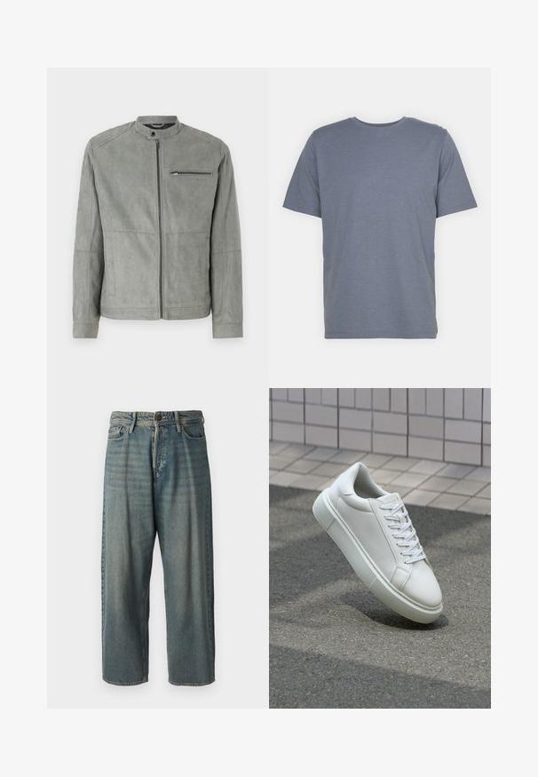 Hallhalli hall suede jakk, millel on püsi krae, esi tõmblukk ja tõmblukuga rinna tasku. Omab siledat tekstuuri ja täpselt istuvat lõiget.; Hall hallitusest lühikeste varrukatega T-särk ümmarguse kaelusega, valmistatud pehmest puuvillasegusest kangast. Lihtne disain, ilma mustrite või aktsentideta.; Heledad sinine denim-stiilis teksad, volüümse lõike, keskmise kõrgusega talje ja sirgete säärega. Omab viit taskut, vöökumme ja nööpide sulgemist.; Valge nahkline sneka, millel on sile pind, ümar varvas ja lame valge pael. Omab tekstuuriga kummist talla ja minimaalset kujunduselementi.