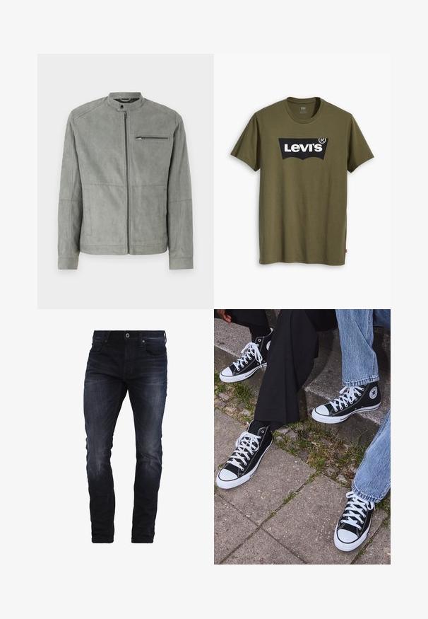 Gray suede jacket with a stand collar, front zipper, and a zippered chest pocket. Features smooth texture and tailored fit.; Olive green cotton t-shirt featuring a large black Levi's logo in a contrasting semi-arched shape across the chest. Regular fit.; Dark blue slim-fit jeans with slight fading on thighs and knees, featuring front pockets, belt loops, and a button closure.; Black high-top canvas sneakers with white rubber soles and laces, featuring a circular logo on the side and paired with denim and black pants.
