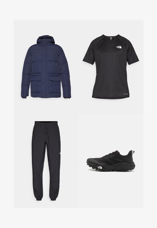 Marineblå polstret jakke med hette, med frontgylf, to store lommer i lappen og elastiske mansjetter. Glatt tekstur og quiltet design.; Svart kortermet treningstrøye med strukturert stoff, med en hvit logo på venstre bryst og rett kant.; Sorte idrettsbukser laget av lett stoff, med snor i livet, sidelommer og smale mansjetter ved anklene.; Svart terrengløpesko med teksturert overdel, gummisåle og forsterket tåhette. Har polstret krage og løftestropp for enkel påkledning.