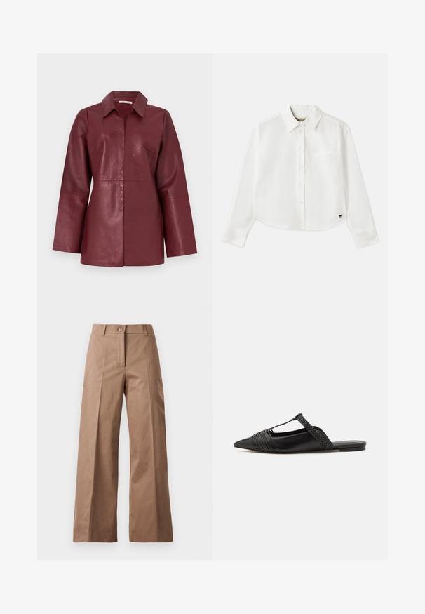 Burgundy long-sleeve leather jacket with collar and front zipper, tailored fit and smooth texture.; White cropped long-sleeve shirt made of cotton. Features a button-up front, a chest pocket, and a small black logo on the bottom left.; Brown wide-leg trousers made from a smooth fabric, featuring a front button closure, two front pockets, and clean, tailored lines.; Black leather slingback shoe with a pointed toe, featuring a woven accent and pleated upper design. Flat sole with minimal hardware.
