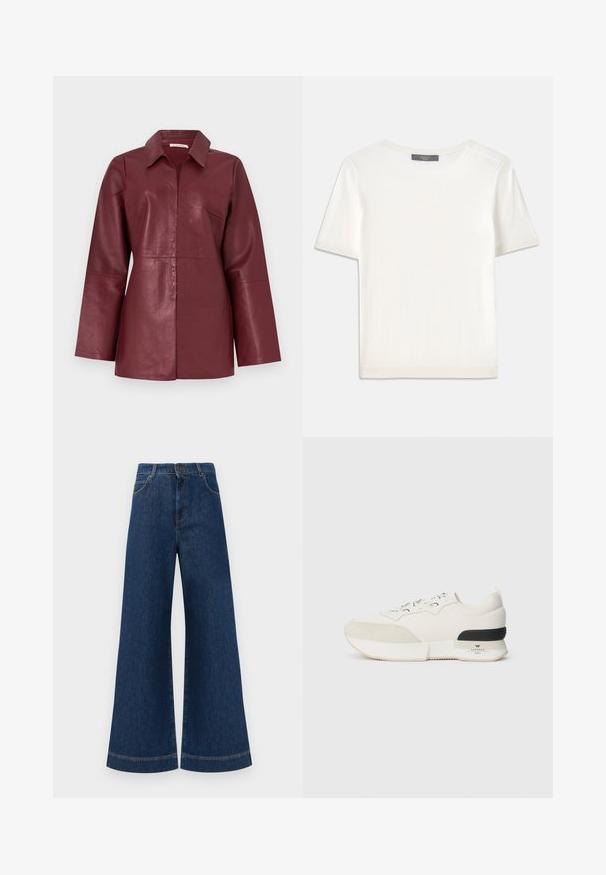 Bordowa skórzana kurtka z długim rękawem, kołnierzem i zapięciem na zamek z przodu, o dopasowanym kroju i gładkiej fakturze.; Biała krótki rękaw dzianinowa bluzka z okrągłym dekoltem, charakteryzująca się gładką teksturą i subtelnymi prążkowanymi akcentami na rękawach oraz u dołu.; Szerokie dżinsy w kolorze niebieskim z wysokim stanem, z zapięciem na guzik, szlufkami na pasek oraz subtelnymi detalami stębnowania wzdłuż kieszeni i brzegów.; Białe sneakersy z teksturowanym zamszowym noskiem, gładką siateczkową cholewką, dekoracyjnymi sznurowadłami oraz czarnym gumowym akcentem na pięcie.