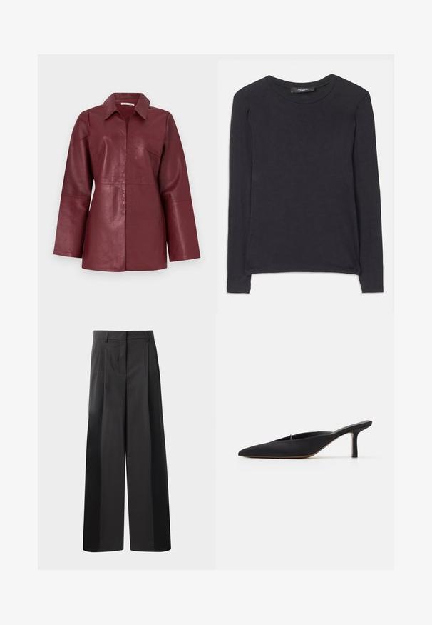 Burgundy long-sleeve leather jacket with collar and front zipper, tailored fit and smooth texture.; Black long-sleeve shirt with a round neckline, made from soft fabric. Features a simple design and subtle stitching details along the hem.; Black wide-leg trousers with a high waist, featuring front pleats, a smooth texture, and a tailored finish. Designed for a relaxed fit.; Black pointed-toe mule with a sleek design, made of smooth fabric, featuring a slender heel and open back for easy wear.