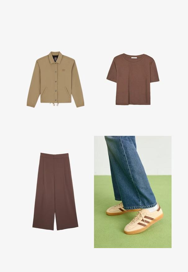 Tamar jacket med knäppning fram, två sidofickor, elastiska muddar, dragsko i nederkant, broderad logotyp på bröstet och slät textur.; Brun kortärmad t-shirt i mjukt tyg, med rund halsringning och avslappnad passform. Inga synliga mönster eller detaljer.; Bruna vida byxor med en slät textur, som har hög midja och framfickor. Tyget är lätt och flödar löst.; Beiga sneakers med strukturerade krämfärgade paneler och bruna ränder, i kombination med blå denimjeans. Jeansarna har vida ben och fransad fåll.