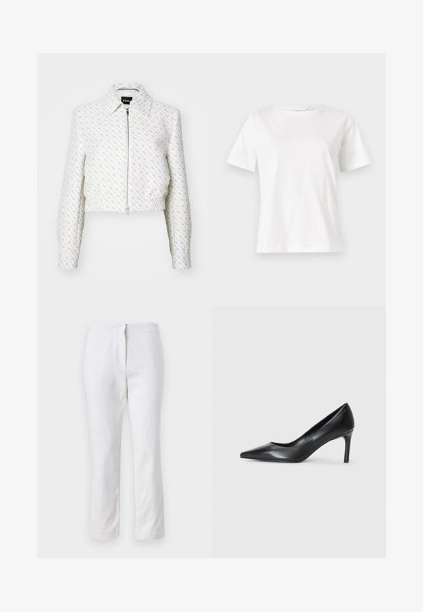 Giacca bianca tagliata con un motivo testurizzato e una zip frontale. Presenta un colletto e un orlo elasticizzato, creando una silhouette aderente.; T-shirt bianca in cotone con maniche corte, scollatura rotonda e vestibilità rilassata. Struttura liscia, senza motivi né accenti, design minimalista.; Pantaloni bianchi in cotone con design a gamba dritta, caratterizzati da una vita a media altezza e senza hardware o motivi visibili. Tessuto liscio su tutta la superficie.; Pump nera in pelle con punta affusolata e tacco sottile, texture liscia e senza decorazioni visibili. Design pulito con un'estetica minimalista.