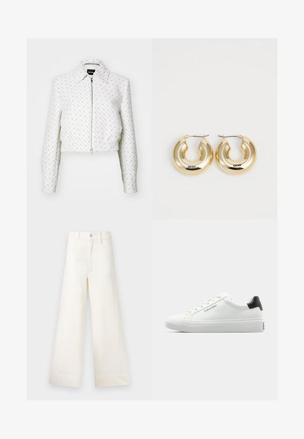 Cropped white jacket with a textured pattern and a front zipper. Features a collar and elasticized hem, creating a fitted silhouette.; Black short-sleeve top made of smooth fabric. Features a round neckline and draped detail on the shoulder. Simple, fitted design.; Wide-leg trousers in light beige cotton. Features a high waist, front pockets, and a straight cut. Clean hem finishing without patterns.; White sneaker with a smooth finish, black heel accent, and lace-up design. Features "Calvin Klein" branding on the side. Minimalist style.; Gold hoop earrings with a smooth, rounded design and a shiny finish, featuring a clasp for securing. Engraved with "DKNY."