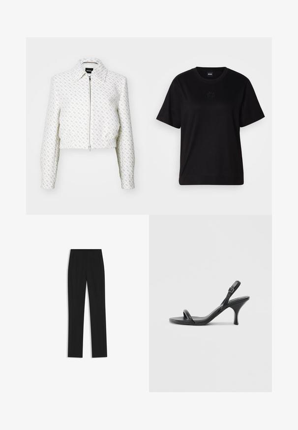 Skórzana kurtka w kolorze białym z teksturowanym wzorem i zamkiem błyskawicznym z przodu. Posiada kołnierz oraz elastyczny dół, co tworzy dopasowaną sylwetkę.; Czarny bawełniany t-shirt z okrągłym dekoltem, krótkimi rękawami i haftowanym logo na piersi. Prosty, luźny krój bez wzorów.; Czarne spodnie o dopasowanym kroju z prostymi nogawkami, z przednimi kieszeniami i gładką, teksturowaną tkaniną. Schludne, minimalistyczne wykończenie.; Czarne skórzane sandały na wysokim obcasie z cienkim, zakrzywionym obcasem i skrzyżowanym wzorem pasków. Regulowany pasek na kostkę. Gładka faktura.