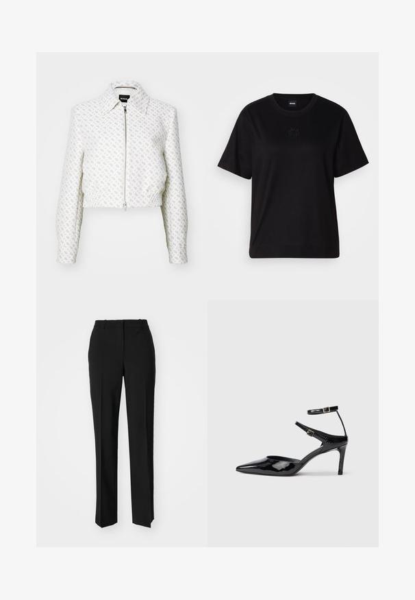 Kratka bijela jakna s teksturiranim uzorkom i prednjim patentnim zatvaračem. Ima ovratnik i elastičnu donju rub, što stvara prilagođeni siluet.; Crna pamučna majica s okruglim izrezom, kratkim rukavima i izvezenim logotipom na prsima. Jednostavan, opušten kroj bez uzorka.; Crne krojene hlače ravnog kroja, s glatkom teksturom i oštrim pregibima naprijed. Bez vidljivih metalnih dijelova.; Crne lakirane cipele s visokom potpeticom, špicastim prstom, podesivim naramenicama i tankom potpeticom. Glatka tekstura s sjajnom završnom obradom.