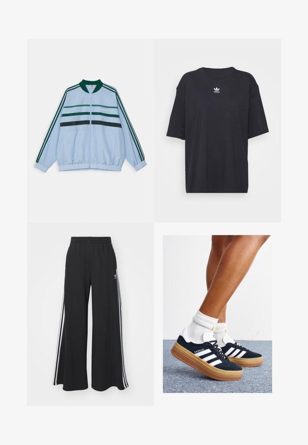 adidas Originals TRACK TOP - Träningsjacka - clear sky; Svart bomullströja med korta ärmar, rund halsringning, har en vit Adidas-logotyp på bröstet. Enkel design, avslappnad passform.; Svarta vida sweatpants med elastisk midje, med vita sidosträck och en broderad logotyp på vänster lår.; Svarta sneakers i mocka med vita ränder och detaljer, rundad tå, yttersula i gummiblandning, kombinerade med vita ribbade crew-strumpor.