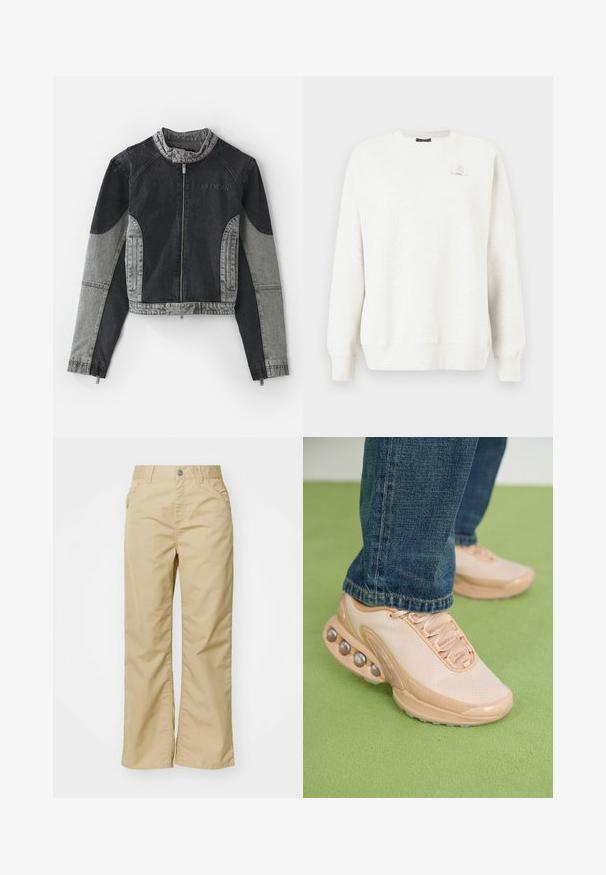 Džinsinis švarkas su tamsiai pilkais ir šviesiai pilkais paviršiais, sudėtingomis siūlėmis, stovinčiu apykakle ir užtrauktuku priekyje. "AIR JORDAN" logotipas ant krūtinės.; Šviesiai pilkas džemperis su apvaliu kaklu, sutrauktomis rankovėmis ir apačia. Turtingas mažas logotipo ženklelis ant krūtinės. Minkšta, tekstūruota medžiaga.; Smėlio spalvos medvilninės plačios kelnės, turinčios lygią tekstūrą, su šoninėmis kišenėmis ir sidabriniu mygtuku juosmens srityje.; Šviesiai smėliniai sportiniai batai turi tinklinę viršutinę dalį, guminiu padais ir apvaliais akcentais su metaliniais detalėmis. Dėvimi su mėlynais džinsais ant žalos paviršiaus.