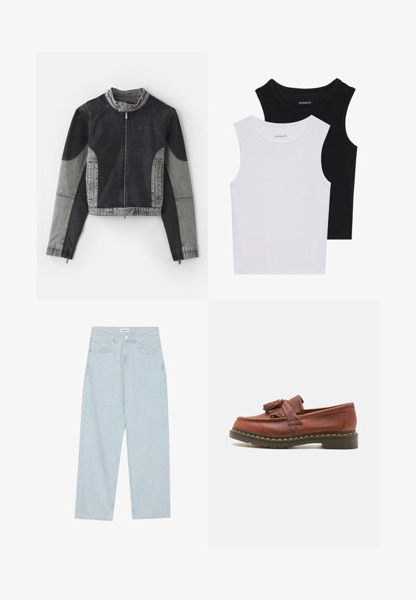 Džinsinis švarkas su tamsiai pilkais ir šviesiai pilkais paviršiais, sudėtingomis siūlėmis, stovinčiu apykakle ir užtrauktuku priekyje. "AIR JORDAN" logotipas ant krūtinės.; Du kamščių be rankovių juodos ir baltos spalvų, pagaminti iš banguoto medvilnės, su apvaliais kaklo iškirpimais ir priglundančiu siluetu. Matomi etiketės abiejuose.; Šviesiai mėlynos plačios džinsinės kelnės, pagamintos iš džinsinio audinio, su vidutiniu juosmens aukščiu, penkiomis kišenėmis ir mygtuko uždarymu, papuoštu siauru metaliniu akcentu.; Rudos odinės mokasinai su pakabukų akcentais, tekstūruota paviršius ir kontrastuojančios geltonos siūlės palei juodą gumos pada.