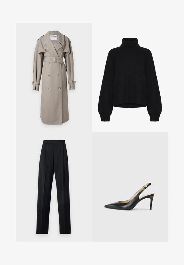 Trench coat bege feito de um tecido leve, apresentando frente de botão duplo, colarinho largo, cintura com cinto e punhos com abas. Botões em tom dourado.; Sweater de gola alta preto com um design cropped, feito de um tecido felpudo. Apresenta mangas largas e uma textura canelada na gola.; Calças pretas feitas de um tecido suave, com uma cintura alta, pernas largas, pregas frontais e passadores de cinto clássicos. Não há bolsos laterais visíveis.; Saltos altos slingback em couro preto, com bico fino, tira ajustável e um elegante salto stiletto, apresentando um acabamento suave.
