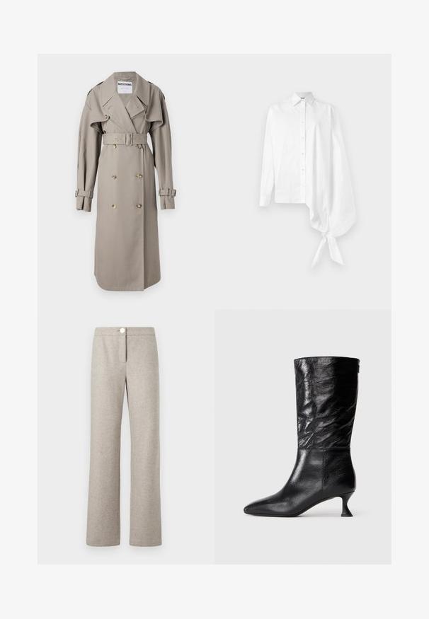 Bež trench plašč iz lahkega materiala, z dvojno zapenjajočim sprednjim delom, širokim ovratnikom, pasom z zanko in manšetami s tabom. Gumbki v zlatem tonu.; Bela dolga srajca sButtons s asimetrično oversized zbrano rokavom, vezanim na zapestju na desni strani.; Svetlo bež volneni hlače z ribjim vzorcem, širokimi ravnimi nogami, sprednjim gumbom za zapiranje in subtilnimi stranskimi žepi.; Črne usnjene škornje do sredine teleta s koničastim nosom, gubasto zgornjo teksturo in nizko ukrivljeno peto na navadni beli podlagi.