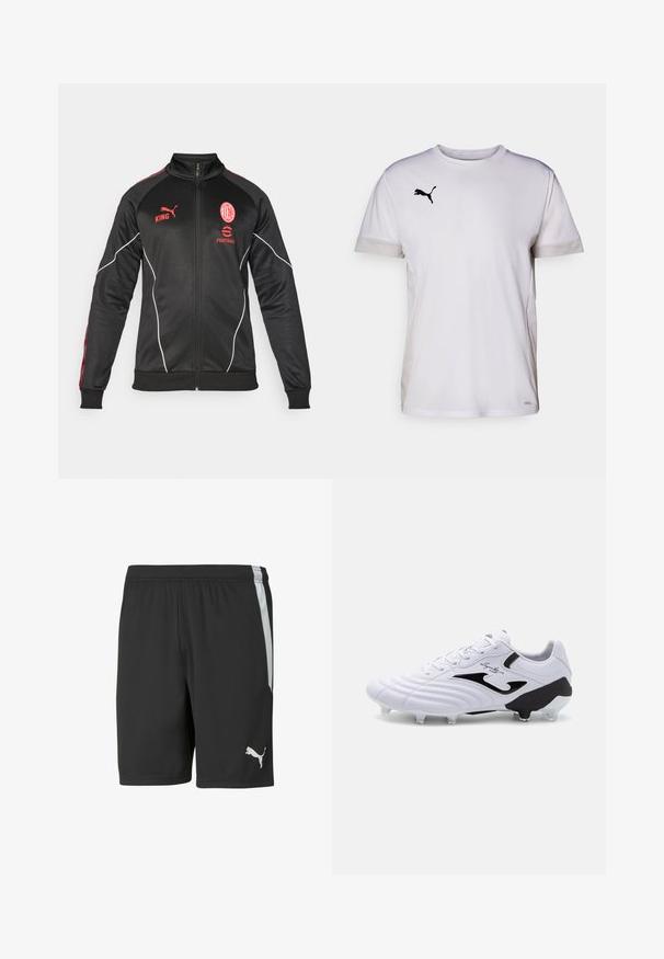 Giacca sportiva nera con accenti rossi, chiusura con zip, colletto alto, logo Puma e stemma della squadra. Presenta un tessuto testurizzato e dettagli con piping bianco.; Maglietta sportiva bianca a maniche corte con collo rotondo, dotata di inserti in mesh traspirante ai lati e un logo Puma nero sul petto.; Shorts atletici neri realizzati in tessuto leggero, caratterizzati da una striscia laterale bianca e un logo Puma bianco in basso a sinistra davanti.; Scarpa da calcio bianca con tomaia sintetica texturizzata, accenti neri, chiusura con lacci e sei tacchetti trasparenti su una suola nera per la trazione.