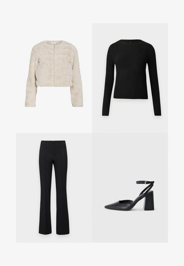 Trumpas, kreminės spalvos dirbtinio kailio švarkas su apvaliu kaklu, horizontaliomis siūlėmis ir ilgomis rankovėmis. Priekinis uždarymas be matomų sklendžių.; Juoda dryžuota ilga rankovė prigludusi megztinis su apvalia iškirpte, pateiktas prieš paprastą šviesią fono.; Juodos plačios kelnės su rausvos tekstūros ir prigludusia juosmens dalimi. Dizainas apima vertikalius siūlus, kad atrodytų elegantiškai. Nėra matomų detalių.; Juoda odinė smailiagalė aukštakulnio bateliai su kulkšnies dirželiu ir storu kulnu. Lygus paviršius, elegantiškas dizainas ir minimalistiška estetinė.