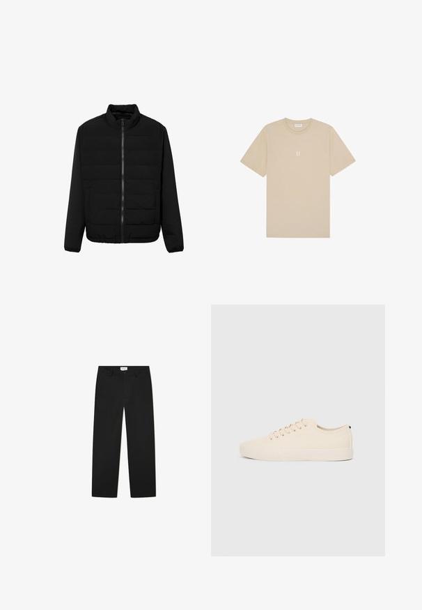 Schwarze gepolsterte Jacke mit hohem Kragen, durchgehendem Reißverschluss und zwei Seitentaschen. Hergestellt aus weichem Stoff mit glatter Textur und elastischen Bündchen.; Beige Baumwoll-T-Shirt mit kurzen Ärmeln und Rundhalsausschnitt. Verfügt über ein kleines, zentriertes Grafikdesign "II" in einem helleren Farbton.; Schwarze, maßgeschneiderte Hosen aus glattem Stoff. Mit Knopfverschluss, Gürtelschlaufen und seitlichen Taschen. Gerader Beinansatz ohne Verzierungen.; Beige Leinensneaker mit runder Zehenpartie, flacher Gummisohle und Schnürung. Verfügt über ein minimalistisches Design und einen kontrastierenden schwarzen Akzent an der Ferse.