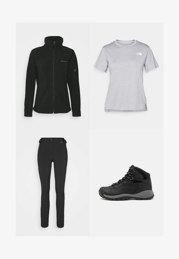 Melna vilnas jaka ar augstu apkakli, priekšējo rāvējslēdzēju un kabatu ar rāvējslēdzēju. Iespējas: logo kreisajā krūšu pusē.; Pelēks īsām piedurknēm T-krekls, kas izgatavots no mīksta, mitrumu noturoša auduma. Tam ir apaļš kakls un neliels balts logo kreisajā augšējā stūrī.; Melni, pieguļoši bikses, izgatavotas no elastīga materiāla. Iespējas ietver rāvējslēdzēju sānu kabatu, ar artikulētām ceļgaliem un gludu tekstūru.; Melni pārgājienu zābaki ar vidēju augstumu, ar teksturētu augšdaļu, pelēkiem akcentiem un izturīgu gumijas zoli ar saķeres izvirzījumiem.
