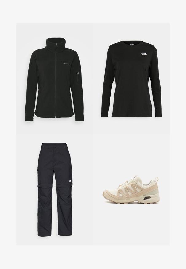 Čierna flísová bunda s vysokým golierom, predným zipsovým zapínaním a zipsovou bočnou vreckom. Obsahuje logo na ľavej strane hrude.; Čierne tričko s dlhým rukávom vyrobené z bavlny s okrúhlym výstrihom. Obsahuje malé biele logo na ľavej strane hrudníka. Jednoduchý dizajn a strih.; Čierne nylonové cargo nohavice s odnímateľnými nohavicami, nastaviteľnými manžetami, viacerými vreckami a logom na pravej nohe. Hladká, ľahká textúra.; Beige a krémová športová obuv s textúrovaným sieťovým zvrškom, podporujúcimi prekrytiami a gumovou podrážkou s dezénom pre trakciu.