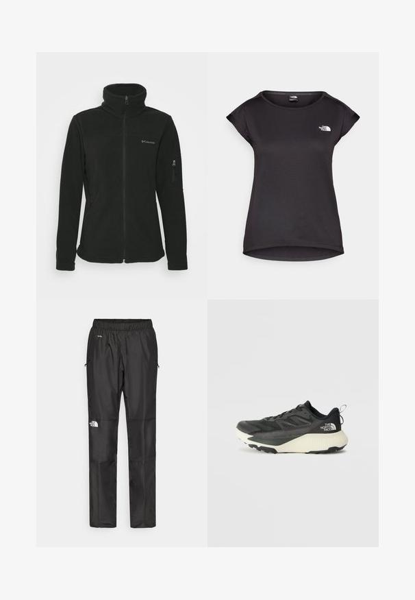 Black fleece jacket with a high collar, front zip closure, and zippered side pocket. Features a logo on the left chest area.; The North Face TANKEN TANK - Sports T-shirt - black; Black waterproof pants made from lightweight fabric, featuring an elastic waistband, side pockets, and a logo on the left leg.; Black athletic shoe with a textured upper, featuring gray accents and a white midsole. Includes a pull tab and prominent brand logo on the heel.