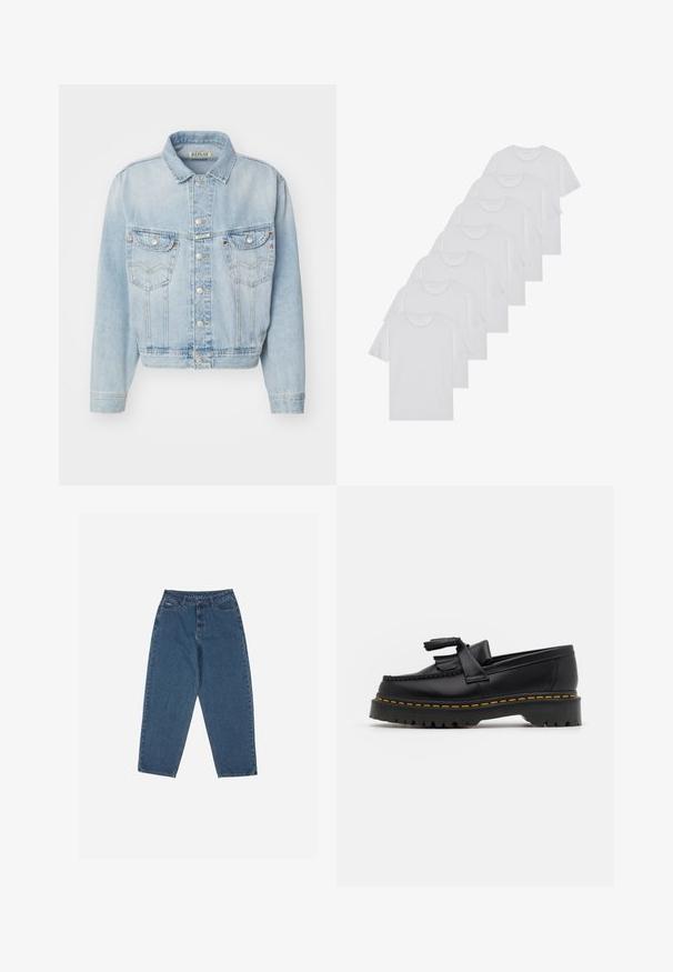 Svetlo modra denim jakna z ovratnikom, prednjim zapiranjem na gumbe, dvema žepoma na prsih in skrajšano obliko. Ima podrobnosti pri šivanju.; Beli bombažni T-majici, kratki rokavi, krožni izrez, enostavna tekstura, zloženi v vrsto, s subtilnim logotipom na vratu.; Modre traperke z ohlapnim krojem, visokim pasom, petimi žepi in poudarjenim šivanjem. Imajo gumb in zadrgo za zapiranje.; Črne usnjene loafersice s kaširanim naglasom, z debelim črnim podplatom in rumenim šivom ob robu. Teksturirana površina.