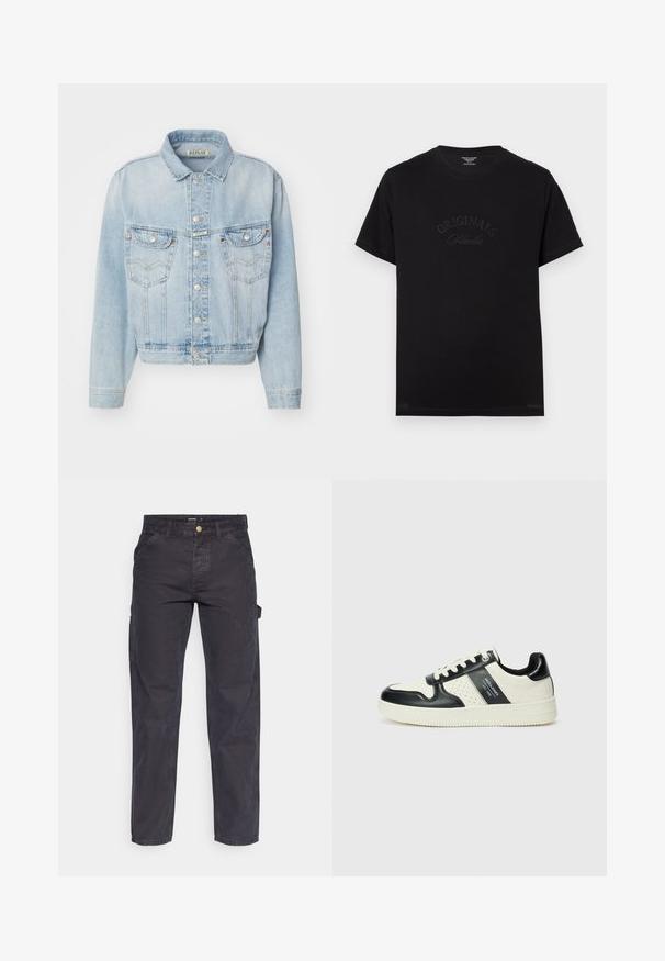 Vaaleansininen farkkutakki, jossa on kauluspäällinen, etupainonappikiinnitys, kaksi rintataskua ja lyhyt malli. Sisältää ompeluyksityiskohtia.; Mustat puuvillapaitat lyhyillä hihoilla ja pyöreällä kaula-aukolla. Edessä on tonalisessa kirjonnassa "ORIGINALS Studio".; Tummanharmaat cargo-housut, jotka on valmistettu kestävästä kankaasta. Niissä on suora lahkeellinen leikkaus, viisi taskua ja nappikiinnitys vyötäröllä.; Nahkakengät musta-kerma värimaailmassa, joissa on rei'itetyt yksityiskohdat, pehmustettu nilkkaosa ja teksturoitu pohja.