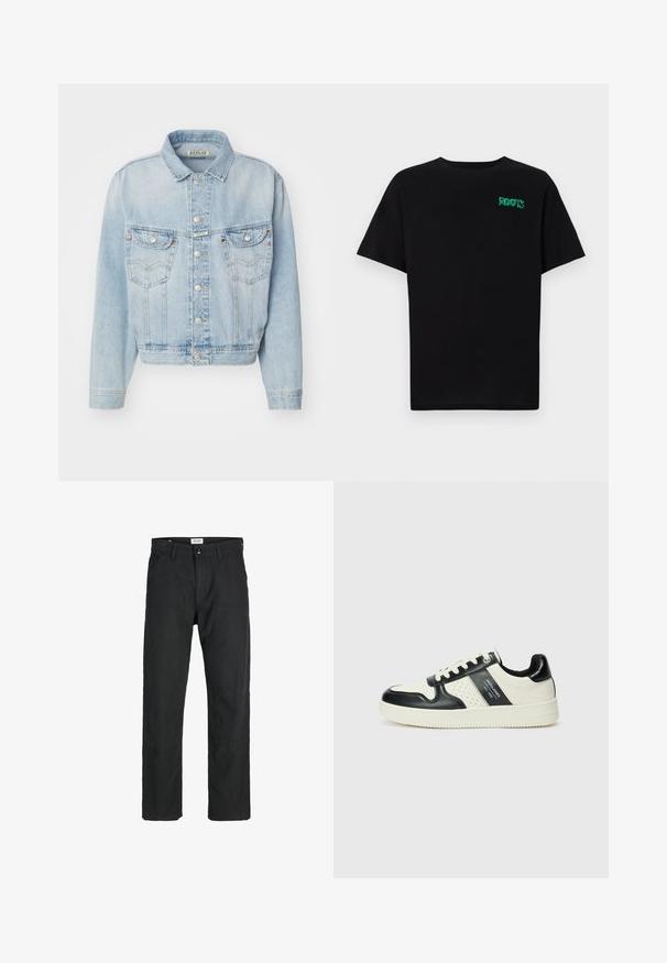 Svijetloplava traper jakna s ovratnikom, prednjim kopčanjem na dugmad, dva džepa na prsima i skraćenim krojem. Ima detalje šivanja.; Crna majica kratkih rukava od pamuka. Na prednjem dijelu se nalazi zeleni "ROOTS" logo, okrugli izrez i standardni kroj.; Crne hlače od izdržljivog materijala, s ravnim krojem, šivenim detaljima i dva prednja džepa za funkcionalnost.; Kožne tenisice s crno-bijelom paletom boja, koje imaju perforirane akcentne detalje, podstavljeni ovratnik i teksturiranu potplat.