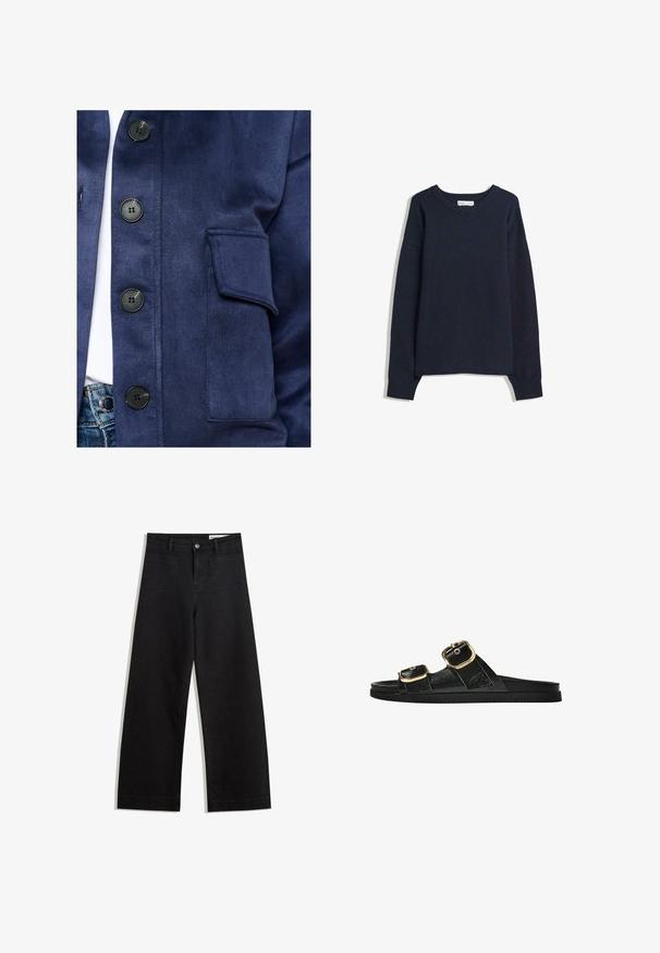 Granatowa kurtka wykonana z gładkiego materiału, z czarnymi guzikami, kieszenią na klapę i subtelnym połyskiem, z zapinanym przodem.; Granatowy sweter z dekoltem w serek, długimi rękawami, ściągaczami przy mankietach i na dole. Wykonany z miękkiego materiału dzianinowego, charakteryzuje się luźnym krojem i minimalistycznym designem.; Czarne dżinsowe spodnie o szerokich nogawkach i wysokim stanie, z przednimi i tylnymi kieszeniami, przeszyciami oraz zapięciem na guziki. Gładka struktura.; Czarne klapki z dwoma złotymi klamrami, gładki materiał, płaska podeszwa i minimalistyczny design.