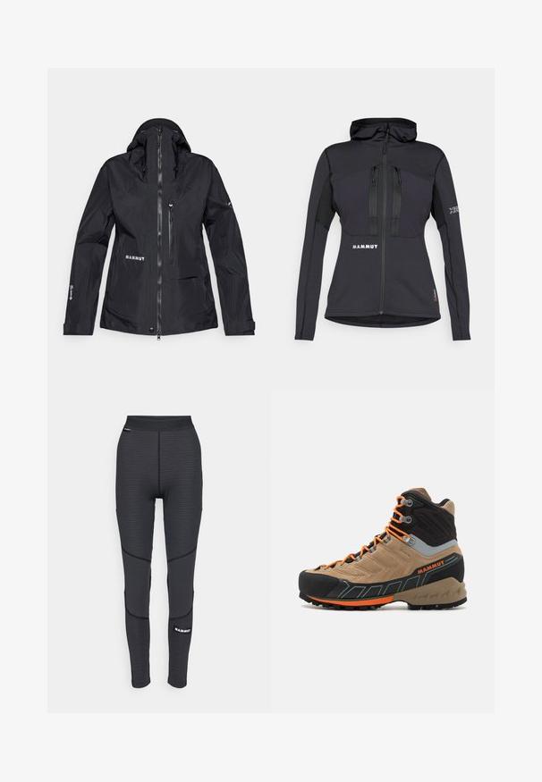Black waterproof jacket with a high collar, adjustable hood, zippered pockets, and reflective logo. Made from lightweight, durable material.; Black athletic jacket with a hood, featuring zippered pockets, and a textured panel on sleeves. Logo on front and sleeve. Material designed for flexibility.; Black sleeveless shirt with a textured pattern, featuring a round neckline and a "MAMMUT" logo on the front. Made of breathable material.; Black athletic leggings with textured panels and reinforced stitching, featuring a branded logo and a wide, elastic waistband.; Beige and black high-top hiking boot with orange laces, rubber toe cap, textured upper, and rugged sole. Features reinforced ankle support.