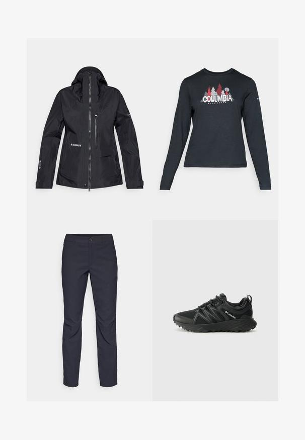Mustus veekindel jakk kõrge kraega, reguleeritava kapuutsiga, tõmblukkudega taskutega ja peegelduva logoga. Valmistatud kergest ja vastupidavast materjalist.; Pikend varrukatega tumehall särk, millel on punaste puude ja mägede graafika; "COLUMBIA" logo julge valge tekstiga. Pehme kangas, tavaline ümmargune kaelus.; Tumedat sinised püksid sujuva kangaga, millel on esiääre nuppude sulgemine, kitsas lõige ja volditud detailid põlvede piirkonnas.; Columbia PEAKFREAK - Matkajalatsid - black