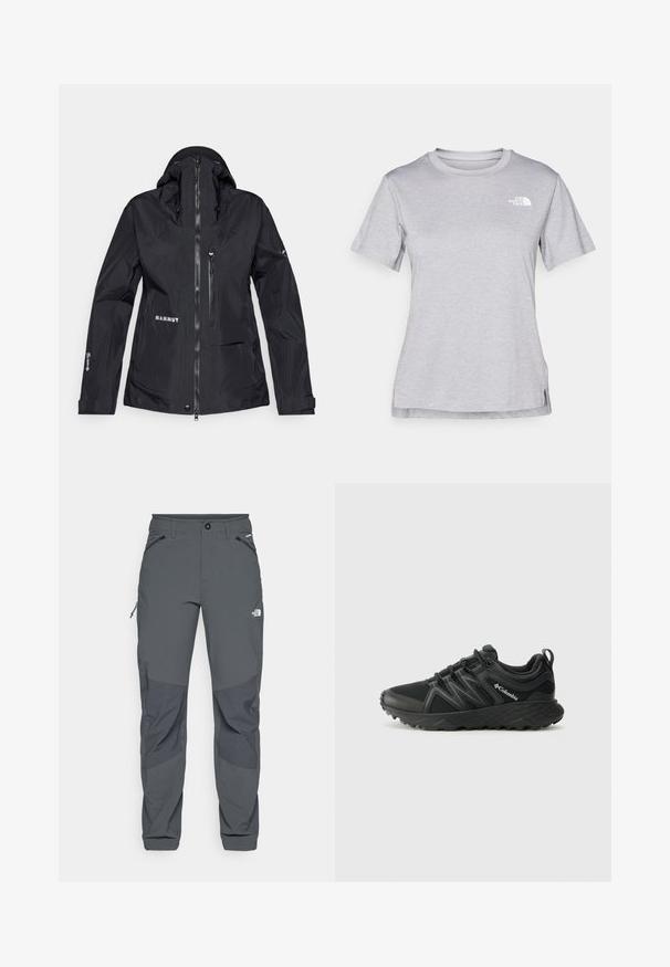 Schwarze, wasserdichte Jacke mit hohem Kragen, verstellbarem Kapuze, Reißverschlusstaschen und reflektierendem Logo. Hergestellt aus leichtem, strapazierfähigem Material.; Graues T-Shirt mit kurzen Ärmeln aus weichem, feuchtigkeitsableitendem Stoff. Hat einen Rundhalsausschnitt und ein kleines weißes Logo auf der oberen linken Seite.; Dunkelgraue Outdoor-Hosen mit verstärkten Kniebereichen, seitlichen und vorderen Taschen mit Reißverschluss, Knopfverschluss und dem The North Face-Logo auf dem Oberschenkel.; Columbia PEAKFREAK - Hikingschuh - black