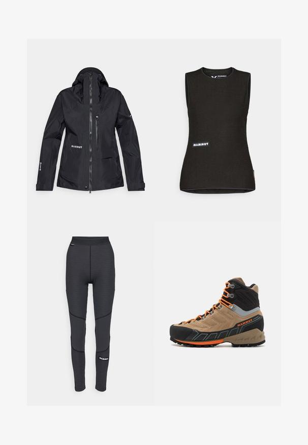 Crna vodootporna jakna s visokim ovratnikom, podesivom kapuljačom, zippered džepovima i reflektirajućim logotipom. Izrađena od laganog, izdržljivog materijala.; Crna majica bez rukava s teksturiranim uzorkom, ima okrugli izrez i "MAMMUT" logo sprijeda. Izrađena od prozračnog materijala.; Crne atletske tajice s teksturiranim panelima i pojačanim šavovima, s brendiranim logom i širokim, elastičnim pojasom.; Bež i crna visoka planinarska čizma s narančastim vezicama, gumeni zaštitni vrh, teksturirani gornji dio i robusna potplat. Ima pojačanu podršku za gležnjeve.