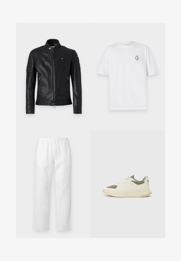 Černá kožená moto bunda s vysokým límcem, zapínáním na zip a polstrovanými rameny. Hladká textura, minimalistický design a boční kapsy.; Bílý bavlněný tričko s volným střihem, které má malé černé grafické logo na levé straně hrudi. Krátké rukávy, kulatý výstřih.; Bílé lněné kalhoty s elastickým pasem, rovnými nohavicemi a měkkou texturou bez viditelných vzorů nebo kovových doplňků.; Bílé a světle béžové atletické tenisky, které mají síťovaný svršek, perforované detaily a texturovanou mezipodešev s logem na patě.