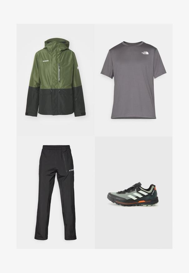 Mammut FALL LINE THERMO HOODED JACKET MEN - Ski jacket - dark marsh/black; Gray short-sleeve athletic t-shirt made of smooth, lightweight fabric. Features a white logo on the left chest area. Round neck design.; Black waterproof trousers made of lightweight fabric, featuring an elastic waistband and side zipper pocket. Simple, tailored design.; Lightweight trail running shoe with a gray and black mesh upper, orange accents, and a rugged outsole for traction. Waterproof Gore-Tex lining.