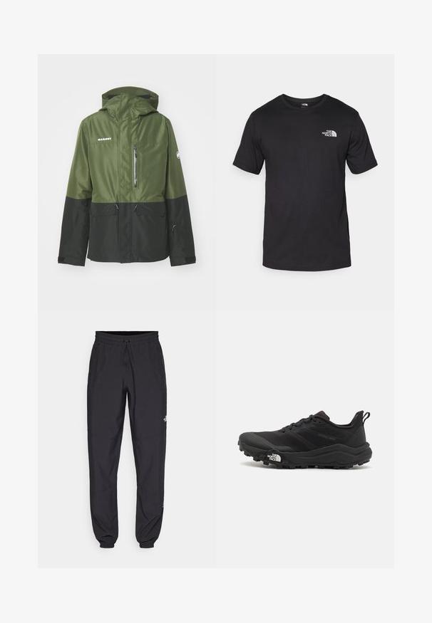 Mammut FALL LINE THERMO HOODED JACKET MEN - Suusajakk - dark marsh/black; Must have lühikeste varrukatega must T-särk, mis on valmistatud puuvillast, ümmarguse kaelusega ja väikese valge logoga vasakus ülanurgas.; Mustavad sportlikud püksid, mis on valmistatud kergest kangast, joonlauaga taljest, küljetaskudega ja kitsenevate varrukatega pahkluude juures.; Must tume jooksujalats musta värvi, tekstuurse ülemise osaga, kummist tallaga ja tugevdatud varbaga. Omab pehmendusega krae ja tõmblinti mugavaks selga panemiseks.