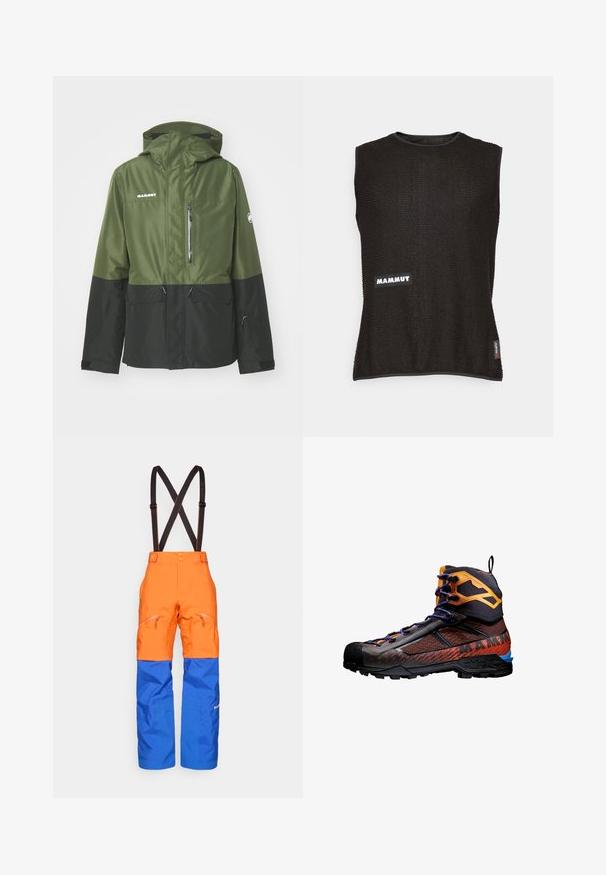 Mammut FALL LINE THERMO HOODED JACKET MEN - Skijacke - dark marsh/black; Ärmelloses schwarzes Oberteil aus strukturiertem Material mit einem weißen "Mammut"-Logo und einem kleinen roten Akzent-Tag an der Seite, runder Ausschnitt.; Orange und blaue wasserdichte Hosen mit verstellbaren schwarzen Trägern, vorderen Reißverschlusstaschen und verstärkten Kniefeldern für Outdoor-Aktivitäten.; Schwarze und orange Wanderschuhe aus Mesh- und Gummi-Materialien. Mit blauen Akzenten, strukturierten Mustern und einem hohen Knöcheldesign zur Unterstützung.