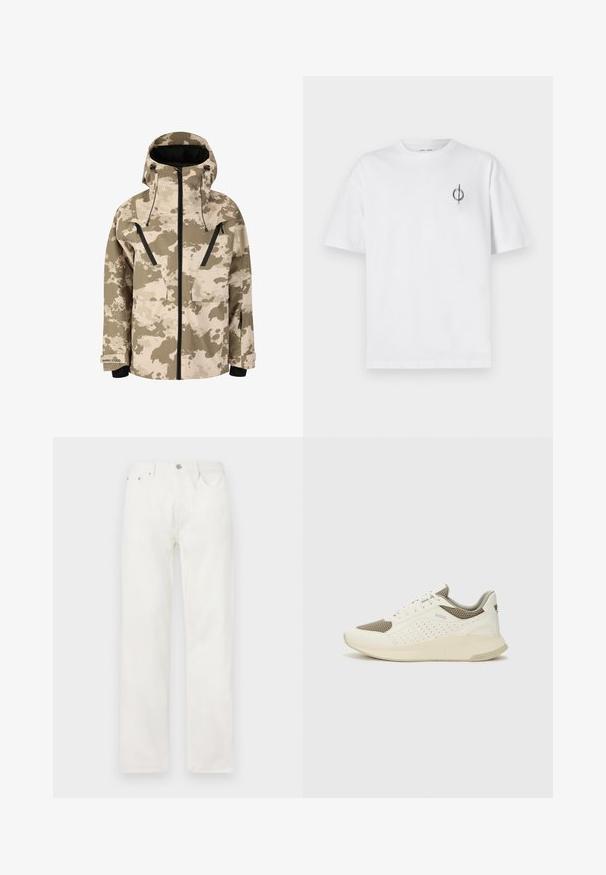 Beige en bruine camouflagejack met een capuchon, voorkant met ritssluiting, twee voorzakken en zwarte ritsen. Waterdichte stof met een gladde textuur.; Witte katoenen t-shirt met een ontspannen pasvorm, voorzien van een klein zwart graphic logo op de linkerkant van de borst. Korte mouwen, ronde hals.; Witte denim jeans met een rechte pijp, knoop- en ritsluiting, vijf-pocket ontwerp en geen zichtbare patronen of accenten.; Witte en lichtbeige sport sneaker, met een bovenwerk van mesh, geperforeerde details en een gestructureerde tussenzool met branding op de hiel.