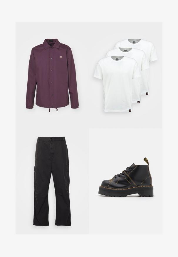 Dickies OAKPORT COACH - Sommerjakke - plum perfect; Tre hvite bomullst-skjorter med korte ermer. Hver skjorte har en rund hals og et lite svart logomerke på venstre side.; Svarte cargo-bukser med rette bein, med to sidelommer, knappelukking og et strukturert stoff.; Sorte ankelstøvler med tykk, rillede såle, kontrasterende gul søm og en løftestropp på hælen. Glatt skinnmateriale.