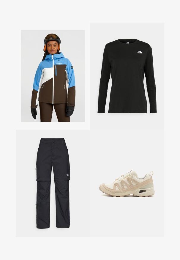 Casaco de esqui com um design à prova de água; apresenta blocos de cores azul, branco e castanho, um capuz, fecho éclair frontal e bolsos com fecho éclair.; T-shirt preto de mangas longas, feito de algodão, com decote redondo. Apresenta um pequeno logótipo branco na área esquerda do peito. Design simples e ajuste confortável.; Calças cargo pretas em nylon com fechos de correr removíveis, punhos ajustáveis, múltiplos bolsos e um logótipo na perna direita. Textura suave e leve.; Sapatilha atlética beige e creme com parte superior em malha texturizada, sobreposições de suporte e sola de borracha com um padrão de cravo para tração.