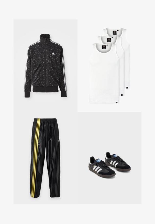 Jaqueta preta com fecho éclair, apresentando uma textura de padrão de leopardo, riscas brancas nos ombros e um pequeno logótipo branco no peito.; Três tops em algodão de alças brancas com nervuras. Apresentam um decote redondo e pequenas etiquetas pretas perto da bainha. Disponíveis em vários tamanhos.; Calças de desporto pretas feitas de material brilhante com um cós elástico, apresentando duas riscas amarelas ao longo do lado e um pequeno logótipo.; Sneakers pretos com parte superior em camurça e sintético, apresentando três riscas brancas, sola de borracha texturizada e etiqueta azul no linguete.