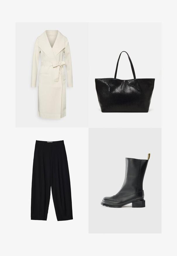 Kaput s kremastom bojom izrađen od mekog materijala, s šalom ovratnikom, dugim rukavima, s pojasom u struku i prednjim džepovima.; Bijeli džemper s pletenim uzorkom, dugim rukavima, okruglim izrezom i rebrastom teksturom. Skratjeni kroj dodaje moderan izgled.; Crne široke hlače od laganog materijala, s prednjim plitkim nabora, klasičnim pojasom i bočnim džepovima. Glatka tekstura.; Crna kožna gležnjača s blok petom, glatke teksture, zaobljenim vrhom i oznakom na peti u žutoj boji.; Crna tkana torba s dva čvrsta držača, s sjajnom teksturom i prostornim dizajnom bez zatvaranja.