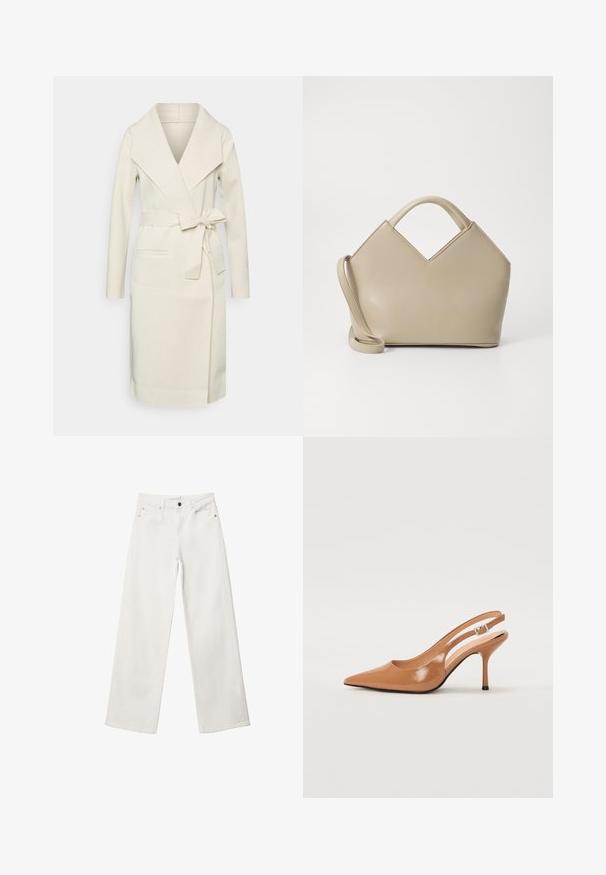 Cremefarbener Wickelmantel aus weichem Stoff, mit Schalkragen, langen Ärmeln, einem Taillengurt und Fronttaschen.; Weißer Kurzarmpullover mit Zopfmuster, Rundhalsausschnitt und geripptem Saum. Weicher Stoff, lässige Passform und schlichtes Design.; Weiße Schlagjeans aus Denim, mit hoher Taille, Fünf-Taschen-Design und Metallknopfverschluss. Glatte Textur, ohne Muster.; Spitz zulaufender Slingback-Absatz aus einem glatten, glänzenden, tanfarbenen Material. Mit einem geschwungenen Ausschnitt-Design und einem schlanken Stiletto-Absatz. Silberne Schnallendetails.; Beige strukturierte Handtasche mit V-förmigem oberen Teil, glattem Leder, kurzen Griffen und einem langen verstellbaren Tragegurt. Minimalistisches Design.; Mit Perlen verzierte Haarband mit orangefarbenen, grünen und weißen Mustern, einer glatten Innenesse und einer strukturierten Außenseite. Runde, gewölbte Form.