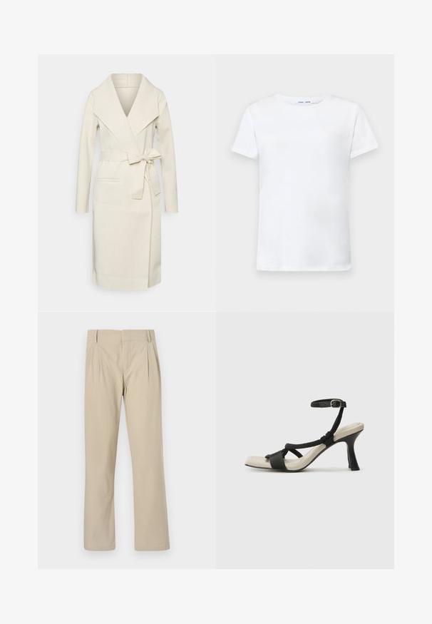 Cappotto avvolgente color crema realizzato in tessuto morbido, dotato di colletto a scialle, maniche lunghe, cintura in vita e tasche frontali.; T-shirt bianca a maniche corte in cotone con design a girocollo. Tessuto liscio e taglio dritto, senza motivi o accenti.; Pantaloni beige a gamba larga in misto cotone; presentano pieghe sul davanti, taglio dritto e passanti per cintura. Texture liscia, senza motivi.; Sandal con tacco nero e design con cinturino intrecciato, punta quadrata e cinturino alla caviglia regolabile. Soletta beige chiaro con tacco nero lucido.