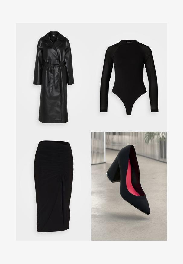 ONLY ONLSOFIA - Trenchcoat - black; Black long-sleeve bodysuit with a high neck, featuring solid fabric on the torso and sheer mesh sleeves, designed in a fitted shape.; Black, ruched pencil skirt with tie detail and a side slit. Made from a stretchy fabric, featuring a smooth texture and form-fitting design.; Black high heel shoe with a pointed toe, textured surface, and a vibrant pink interior. Features a chunky heel with silver accent.