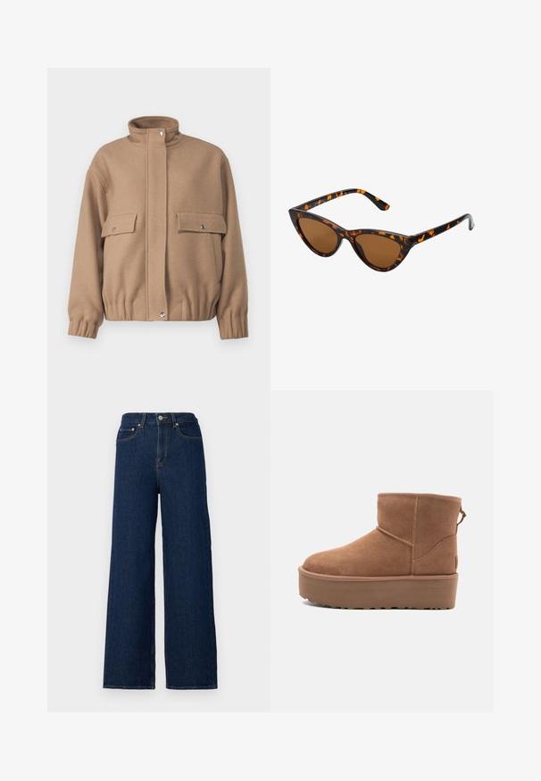 Ruda vilnonė striukė su aukštu apykakle, dviem priekinėmis kišenėmis ir elastiniais rankogaliais. Pastruojuose yra snapų užsegimai ir šiek tiek sutrumpintas hem.; Pilkos spalvos, trumpas megztinis, pagamintas iš tekstūruotos medžiagos. Turi aukštą apykaklę ir dvi priekinės kišenes bei laisvą siluetą. Ilgos rankovės.; Plačios džinsinės kelnės iš tamsiai mėlynos džinsinio audinio, su aukštu juosmeniu, klasikiniu penkių kišenių dizainu ir kontrastingomis siūlėmis.; Smėlio spalvos zomšiniai kulkšninių batai su platformos padu, apvaliu nosiu ir siuvinėjimo akcentais; turi kilpos užpakalinėje dalyje, kad būtų lengviau užsidėti.; Katės akies saulės akiniai su juodu ir oranžiniu šarvuotu rėmeliu, ruda objektyvu ir elegantiškais, smailiais galiukais. Rėmelyje yra minimalus logotipas ant šventės.