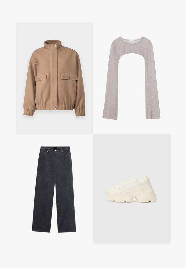 Barna gyapjúdzseki magas gallérral, két elülső zsebbel és elasztikus mandzsettákkal. Kattintós záródással és enyhén rövidített szegéllyel rendelkezik.; Ezüst hosszú ujjú felső kerek nyakkivágással és alul kivágott résszel. Texturált anyagból készült, testhezálló szabással és bővülő ujjakkal.; Széles lábú nadrág sötét szürke kordbársonyból, gombos zárással, négy zsebbel és puha textúrájú befejezéssel.; Tömbös fehér sneakers, amely texturált hálóból és szintetikus anyagokból készült, vastag talppal és bonyolult mintázattal az oldalakon.